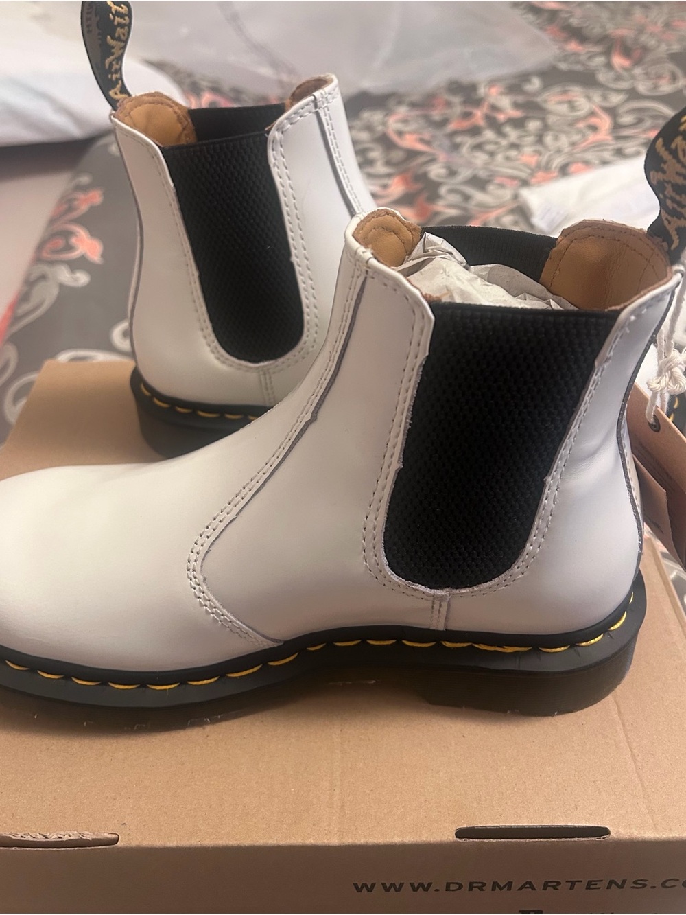 Dr. Martens White Leather Chelsea Boots with Black Elastic and Yellow Stitching - Picture 2 of 6